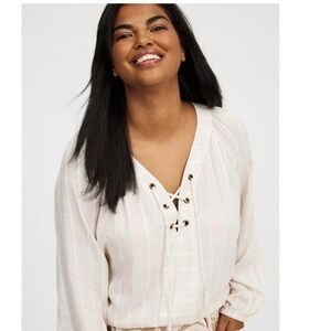Torrid Lace Up V Neck Long Sleeve Blouse Ivory Stripe‎ Size 0X L 12 Flowy NWT